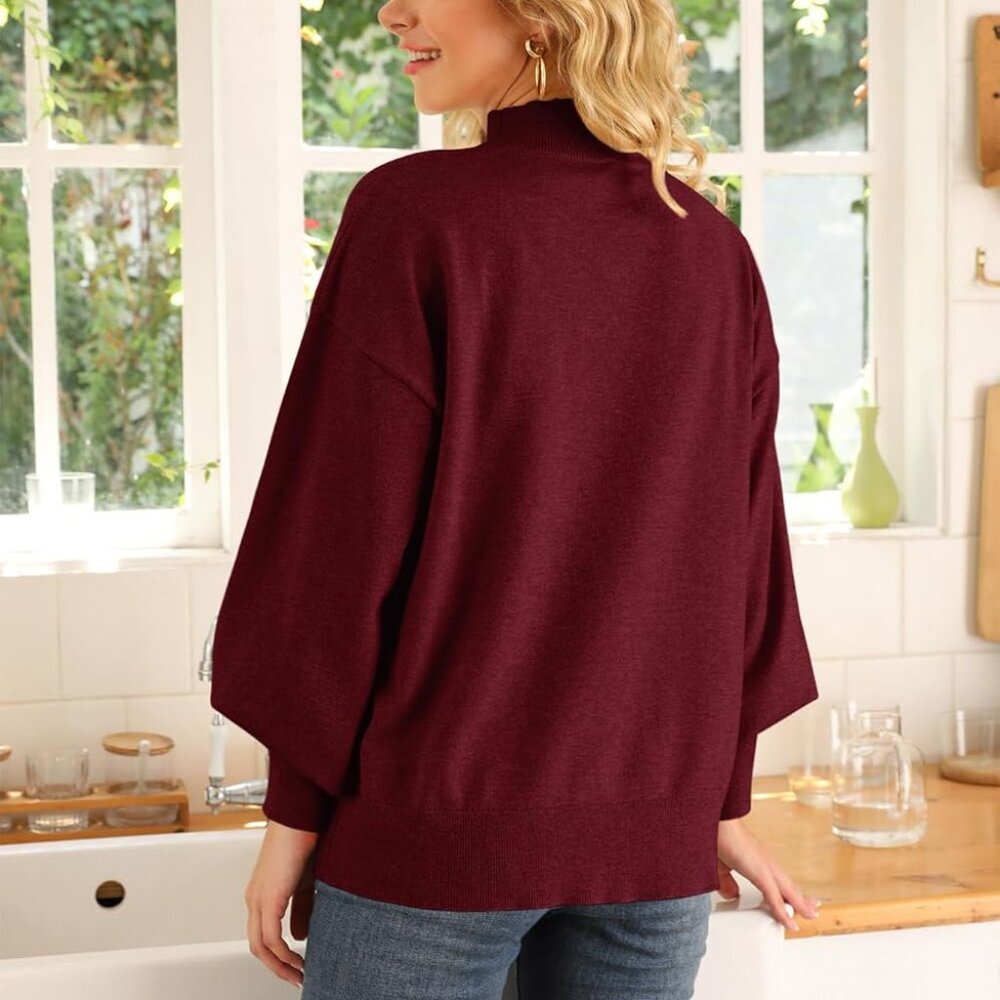 Women's 2025 Fall Fashion Casual Sweaters Mock Neck Long Lantern Sleeve Lightwei - Picture 4 of 6